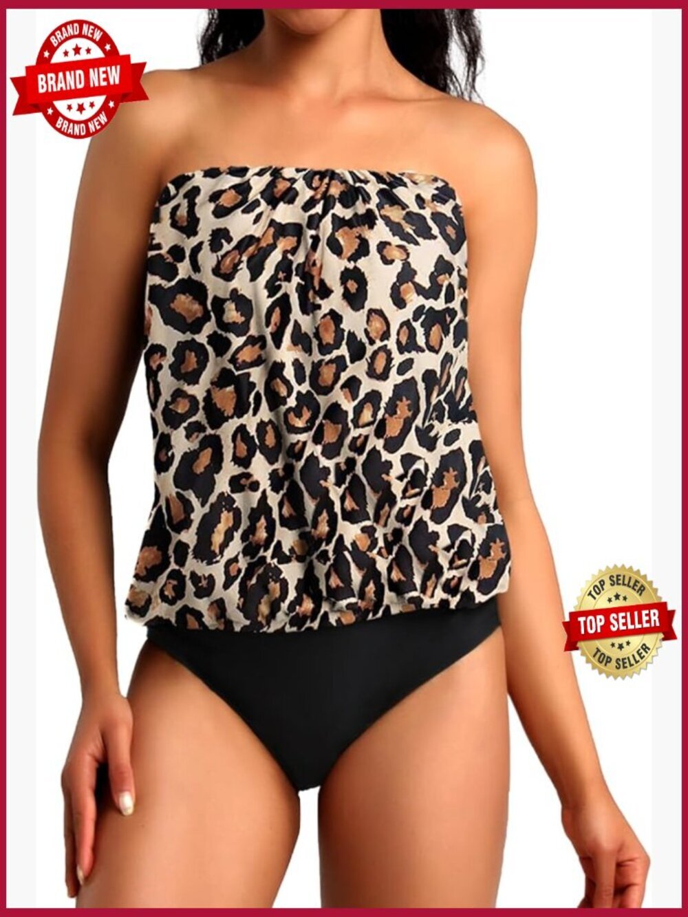 Two Piece Bandeau Tankini Swimsuits for Women Loose Blouson Swim Top with
